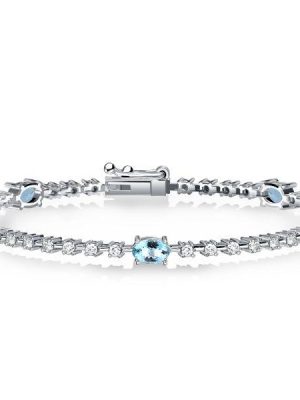 Aquamarine & White CZ Oval Cut Tennis Bracelet - Sterling Silver