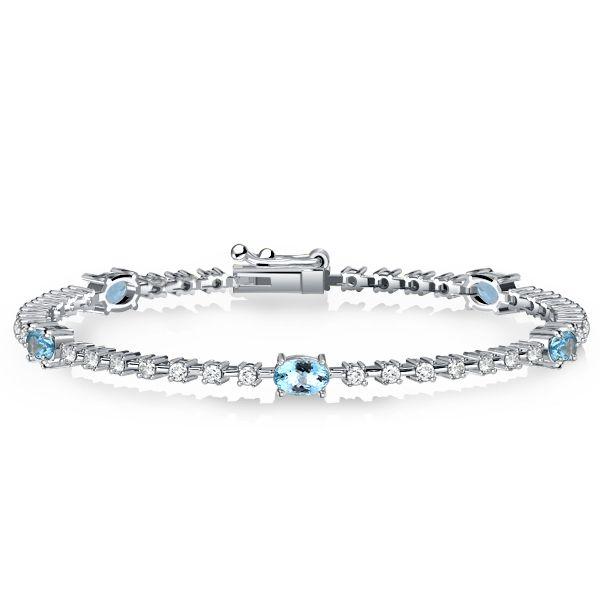 Aquamarine & White CZ Oval Cut Tennis Bracelet - Sterling Silver