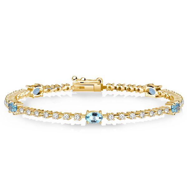Aquamarine & White CZ Oval Cut Tennis Bracelet - Sterling Silver