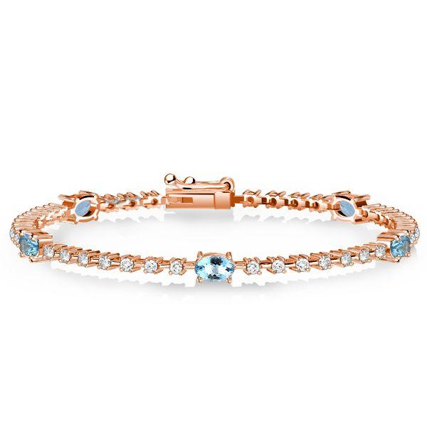 Aquamarine & White CZ Oval Cut Tennis Bracelet - Sterling Silver