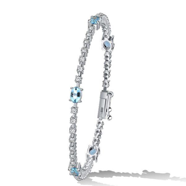 Aquamarine & White CZ Oval Cut Tennis Bracelet - Sterling Silver