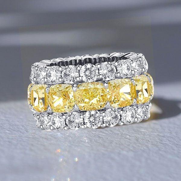 6.25 CT. TW. Yellow Topaz Cushion Cut Eternity Band in Rhodium Plated Sterling Silver