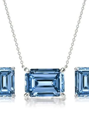 Emerald Cut Blue Topaz Necklace and Earring Set - Sterling Silver Bridal Jewelry