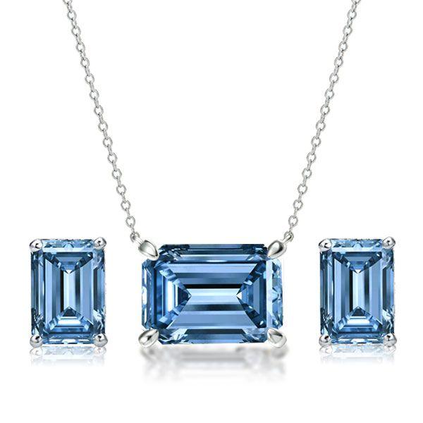 Emerald Cut Blue Topaz Necklace and Earring Set - Sterling Silver Bridal Jewelry
