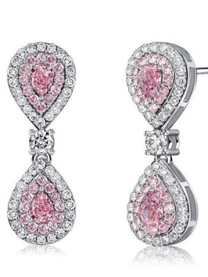 Pear Shaped Pink Stone Drop Earrings with Double Halo - Sterling Silver