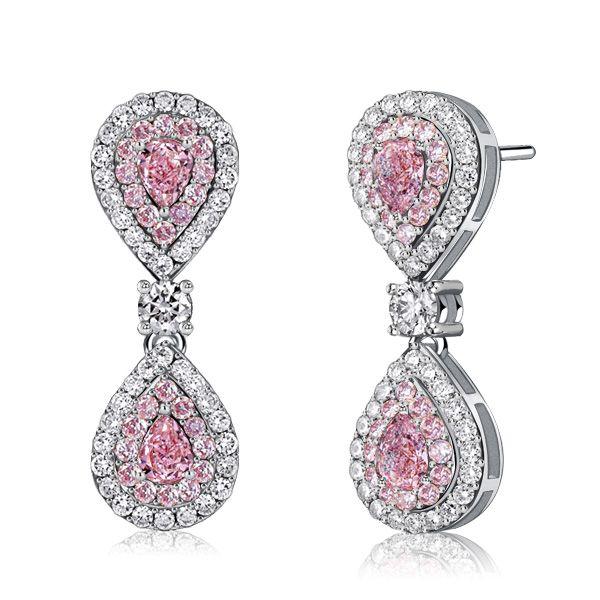 Pear Shaped Pink Stone Drop Earrings with Double Halo - Sterling Silver