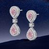 Pear Shaped Pink Stone Drop Earrings with Double Halo - Sterling Silver
