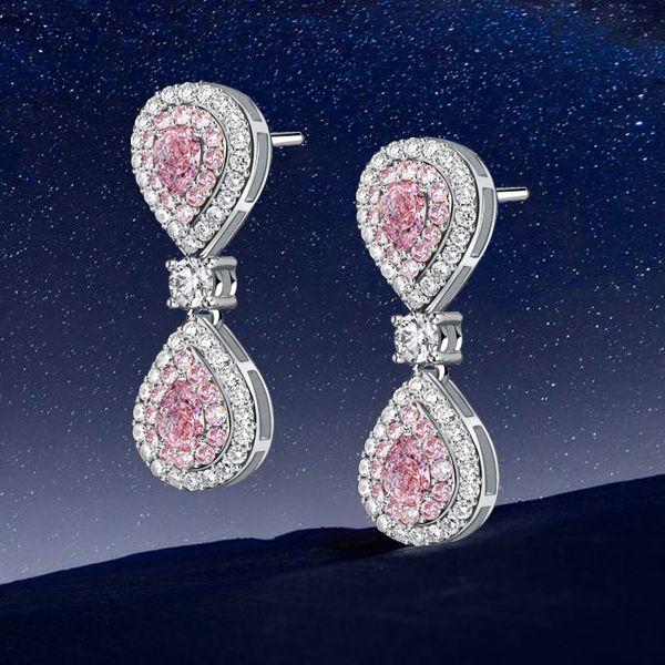 Pear Shaped Pink Stone Drop Earrings with Double Halo - Sterling Silver