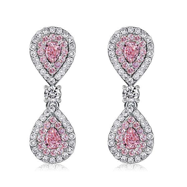 Pear Shaped Pink Stone Drop Earrings with Double Halo - Sterling Silver