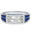 Art Deco Baguette Cut Blue Sapphire Engagement Ring in Rhodium Plated Sterling Silver