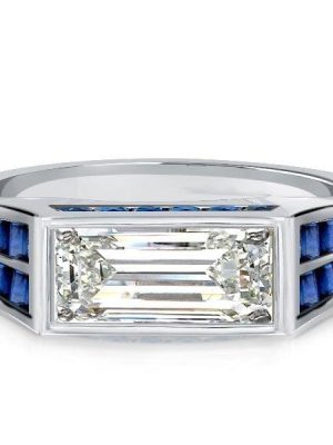 Art Deco Baguette Cut Blue Sapphire Engagement Ring in Rhodium Plated Sterling Silver