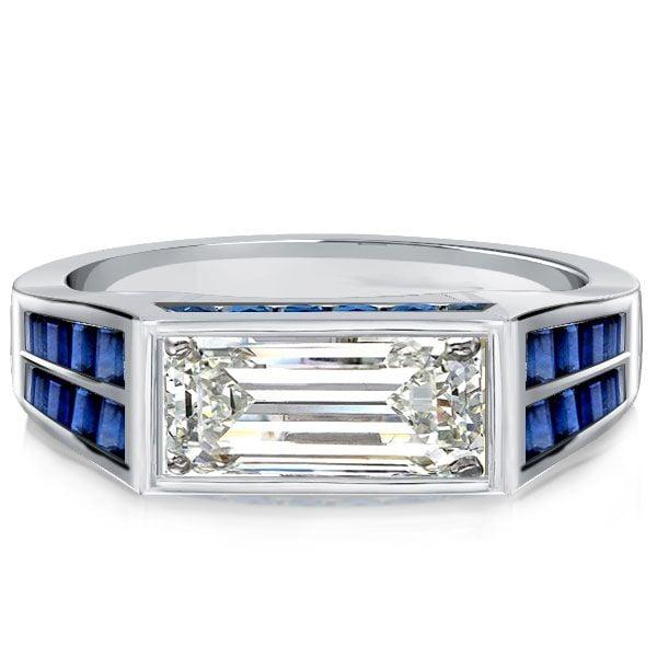 Art Deco Baguette Cut Blue Sapphire Engagement Ring in Rhodium Plated Sterling Silver