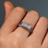 Art Deco Baguette Cut Blue Sapphire Engagement Ring in Rhodium Plated Sterling Silver