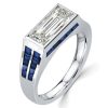 Art Deco Baguette Cut Blue Sapphire Engagement Ring in Rhodium Plated Sterling Silver