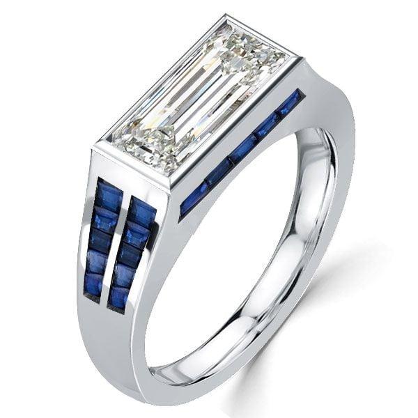 Art Deco Baguette Cut Blue Sapphire Engagement Ring in Rhodium Plated Sterling Silver