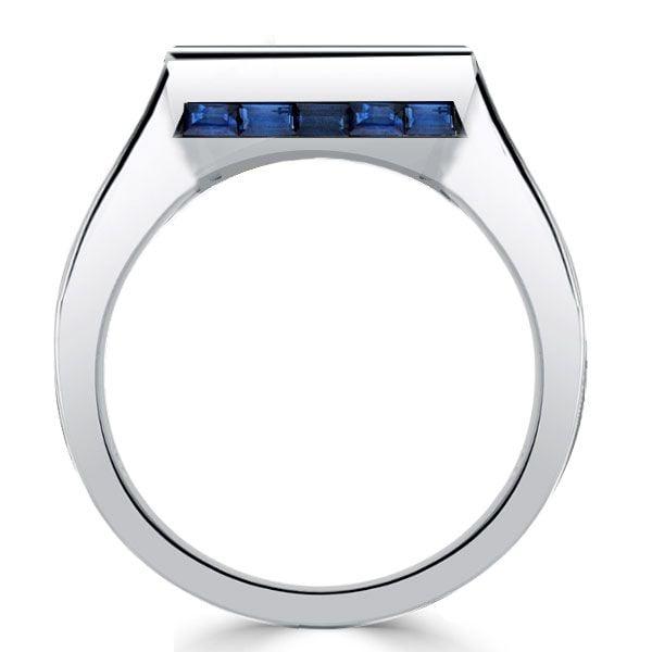 Art Deco Baguette Cut Blue Sapphire Engagement Ring in Rhodium Plated Sterling Silver