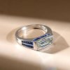 Art Deco Baguette Cut Blue Sapphire Engagement Ring in Rhodium Plated Sterling Silver