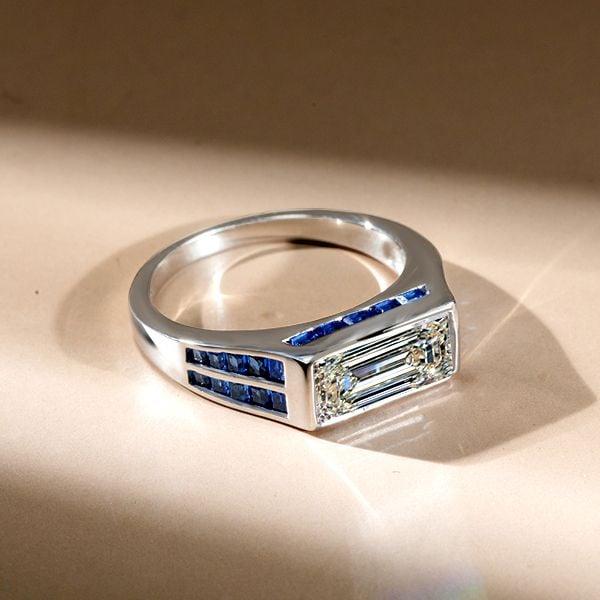 Art Deco Baguette Cut Blue Sapphire Engagement Ring in Rhodium Plated Sterling Silver