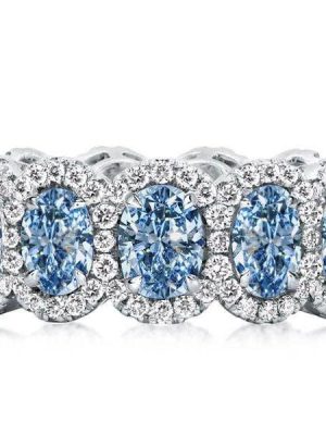 925 Sterling Silver Halo Oval Blue Topaz Eternity Wedding Band Ring