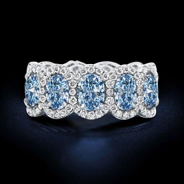 925 Sterling Silver Halo Oval Blue Topaz Eternity Wedding Band Ring