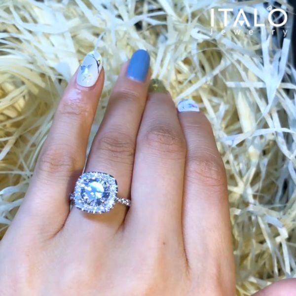 Halo Created White Sapphire Engagement Ring - 925 Sterling Silver