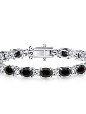 Black Oval Stone Bracelet for Women in 925 Sterling Silver with Rhodium Finish