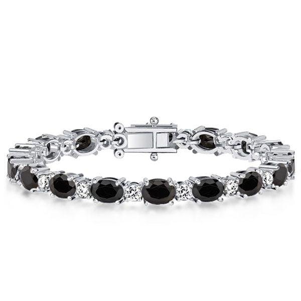 Black Oval Stone Bracelet for Women in 925 Sterling Silver with Rhodium Finish