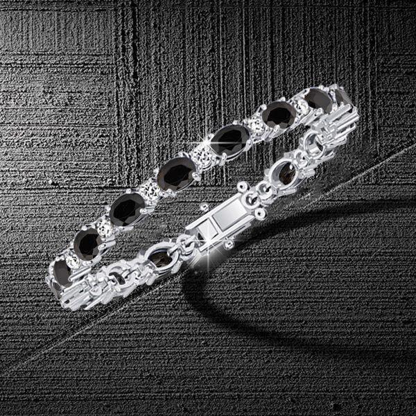 Black Oval Stone Bracelet for Women in 925 Sterling Silver with Rhodium Finish