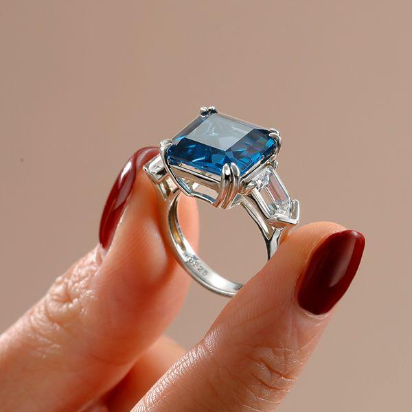 Asscher Cut Three Stone Engagement Ring - 925 Sterling Silver