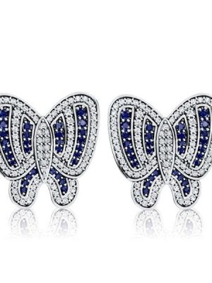Sterling Silver Butterfly Stud Earrings with White & Blue Sapphire for Women