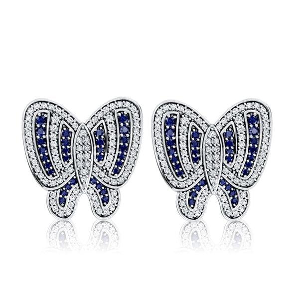 Sterling Silver Butterfly Stud Earrings with White & Blue Sapphire for Women