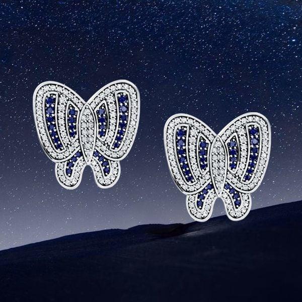 Sterling Silver Butterfly Stud Earrings with White & Blue Sapphire for Women