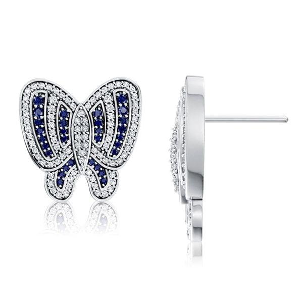 Sterling Silver Butterfly Stud Earrings with White & Blue Sapphire for Women