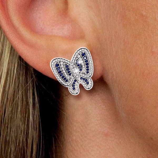 Sterling Silver Butterfly Stud Earrings with White & Blue Sapphire for Women