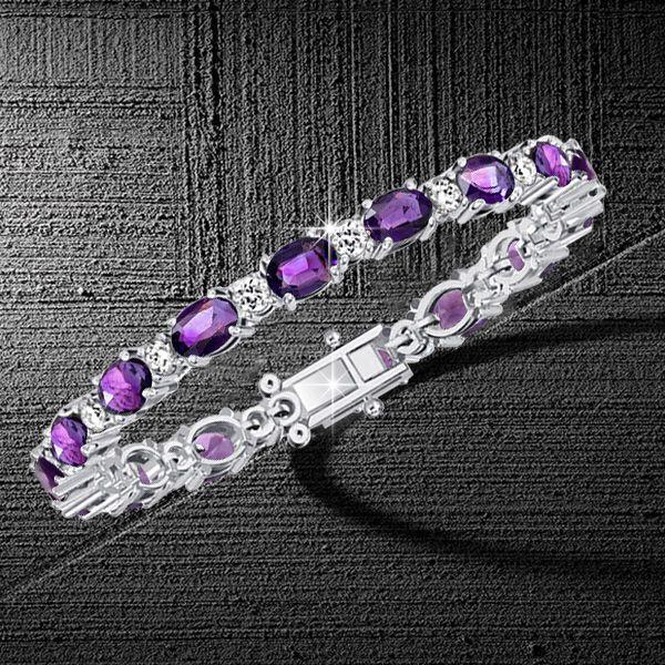 Amethyst Bracelet - 925 Sterling Silver - Round & Oval Cut - Wedding Jewelry