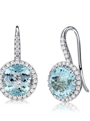 Round Cut Aquamarine Halo Drop Earrings - 925 Sterling Silver