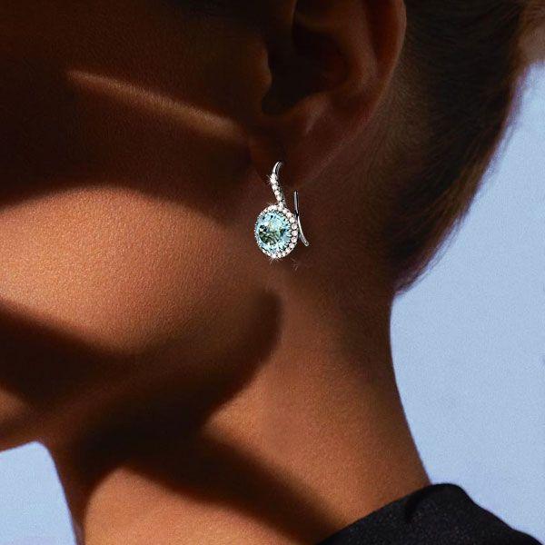 Round Cut Aquamarine Halo Drop Earrings - 925 Sterling Silver
