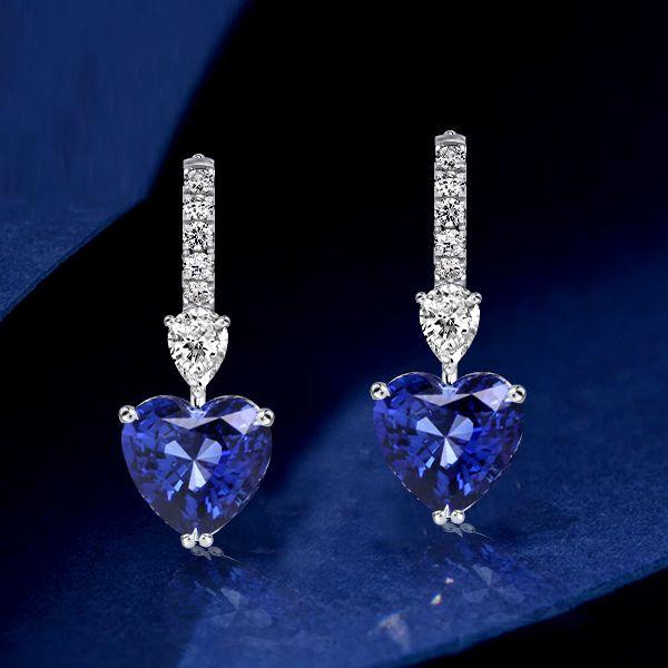 Blue Sapphire Heart & Pear Drop Earrings for Women - Sterling Silver