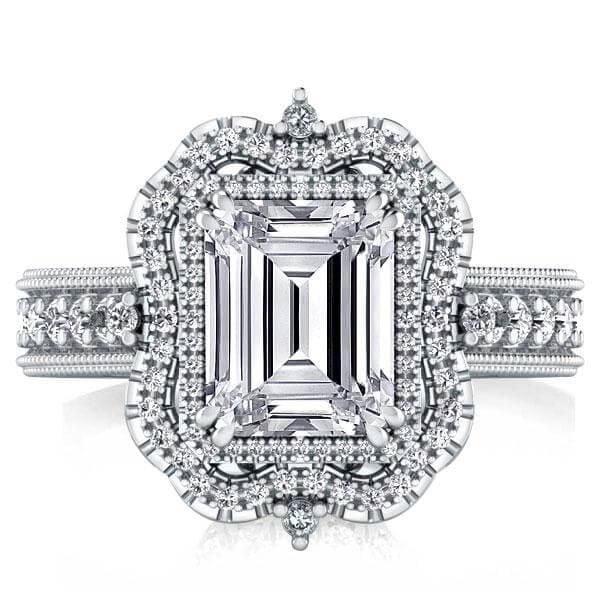 Vintage Milgrain Emerald Halo Engagement Ring in Sterling Silver with 3.00 CT.