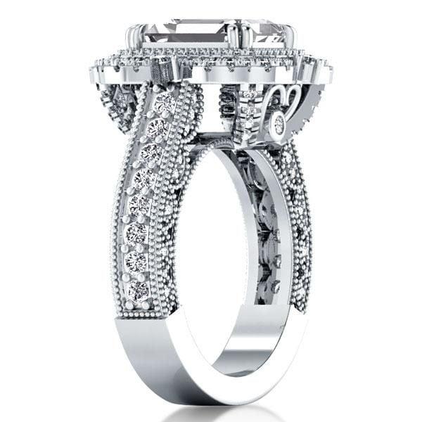 Vintage Milgrain Emerald Halo Engagement Ring in Sterling Silver with 3.00 CT.