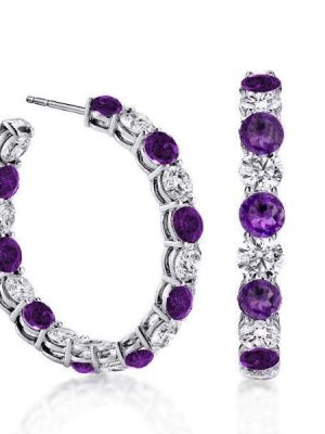 Sterling Silver Alternating White & Amethyst Hoop Earrings