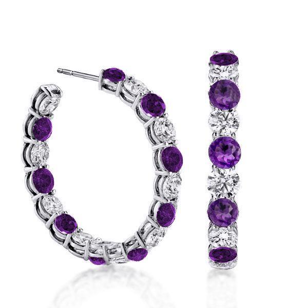 Sterling Silver Alternating White & Amethyst Hoop Earrings