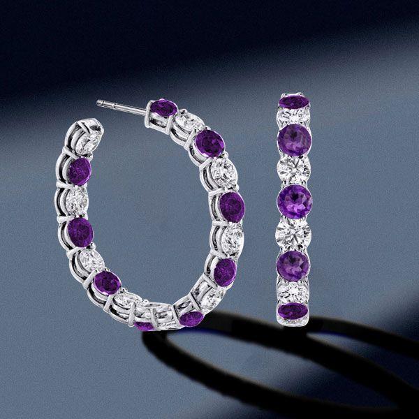 Sterling Silver Alternating White & Amethyst Hoop Earrings