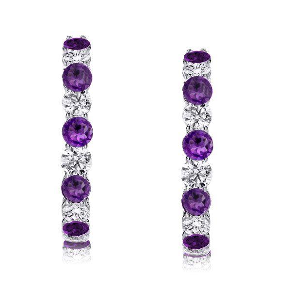 Sterling Silver Alternating White & Amethyst Hoop Earrings