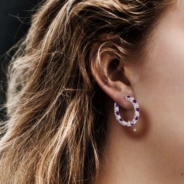 Sterling Silver Alternating White & Amethyst Hoop Earrings