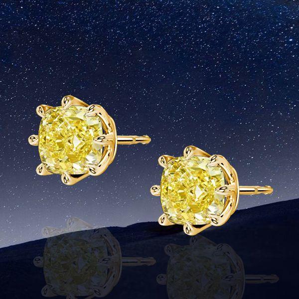 8 Prong Cushion Cut Yellow Topaz Stud Earrings in 18K Gold Plated Sterling Silver