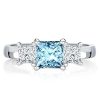Princess Cut Aquamarine Three Stone Ring in Rhodium-Plated Sterling Silver