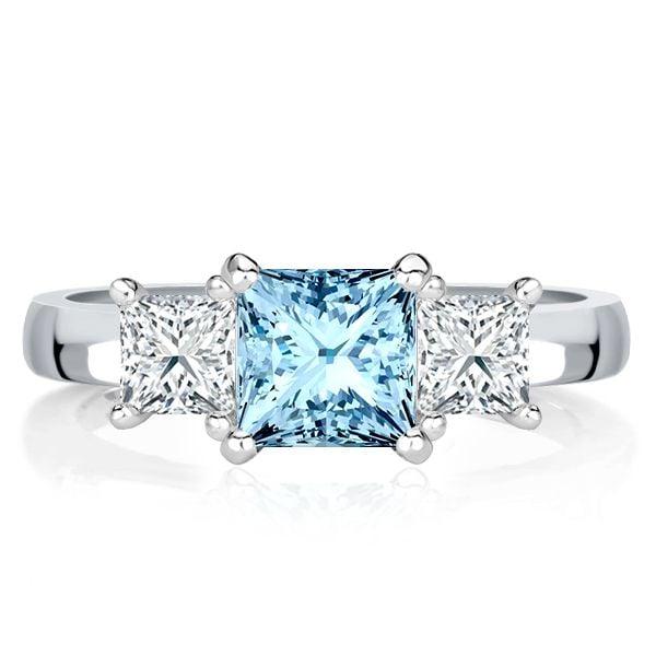Princess Cut Aquamarine Three Stone Ring in Rhodium-Plated Sterling Silver