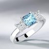 Princess Cut Aquamarine Three Stone Ring in Rhodium-Plated Sterling Silver