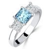 Princess Cut Aquamarine Three Stone Ring in Rhodium-Plated Sterling Silver
